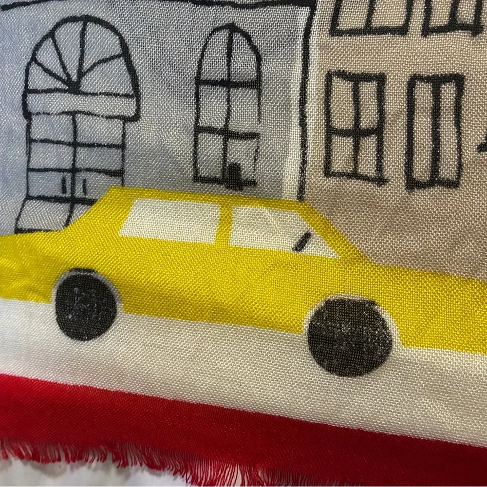 Cityscape Print Scarf w/Red Accents Fringe 27x72 Preppy Architecture Fun Casual